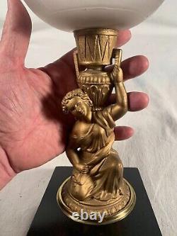 Antique Kneeling Lady Figural Kerosene Oil Lamp Fancy Foot 22&1/4 Tall c1880