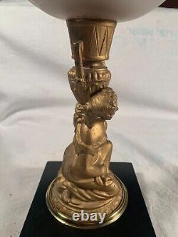 Antique Kneeling Lady Figural Kerosene Oil Lamp Fancy Foot 22&1/4 Tall c1880