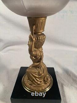 Antique Kneeling Lady Figural Kerosene Oil Lamp Fancy Foot 22&1/4 Tall c1880