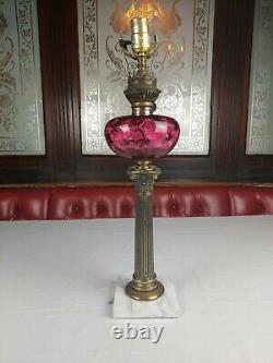 Antique Kosmos Brenner Corinthian Column Cranberry Glass Converted Oil Lamp 22