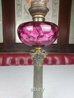 Antique Kosmos Brenner Corinthian Column Cranberry Glass Converted Oil Lamp 22