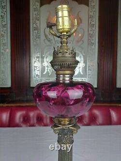 Antique Kosmos Brenner Corinthian Column Cranberry Glass Converted Oil Lamp 22