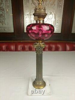 Antique Kosmos Brenner Corinthian Column Cranberry Glass Converted Oil Lamp 22