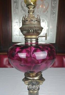 Antique Kosmos Brenner Corinthian Column Cranberry Glass Converted Oil Lamp 22