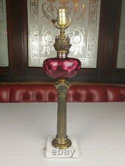 Antique Kosmos Brenner Corinthian Column Cranberry Glass Converted Oil Lamp 22