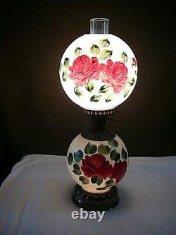 Antique LARGE GWTW Floral Glass Hurricane Lamp Converted from Oil Hand Painted