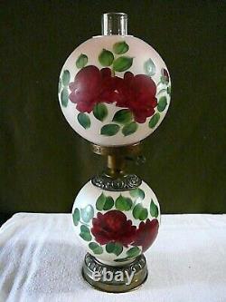 Antique LARGE GWTW Floral Glass Hurricane Lamp Converted from Oil Hand Painted