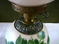 Antique LARGE GWTW Floral Glass Hurricane Lamp Converted from Oil Hand Painted