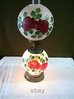 Antique LARGE GWTW Floral Glass Hurricane Lamp Converted from Oil Hand Painted