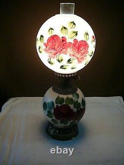 Antique LARGE GWTW Floral Glass Hurricane Lamp Converted from Oil Hand Painted