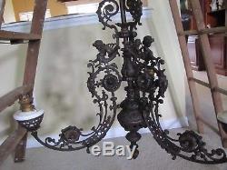 Antique Large Cast Iron Elaborate Gothic 3 Arm Hanging Oil Lamp Chandelier