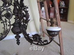 Antique Large Cast Iron Elaborate Gothic 3 Arm Hanging Oil Lamp Chandelier
