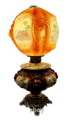 Antique Large Electrified Fostoria Oil Lamp Consolidated Lions Head GWTW READ