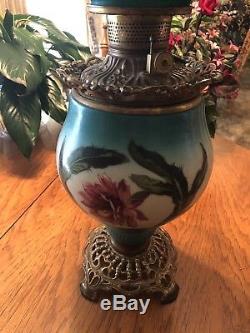Antique Large Fostoria Victorian Gone with the Wind Hand Painted Oil Lamp