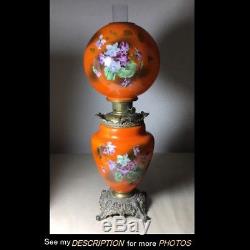 Antique Large GWTW Lamp Violets Floral Kerosene Oil Ball Shade halloween orange