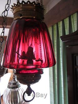 Antique Late 1800's Brass with Cranberry Glass Hanging Oil Lamp Chandelier