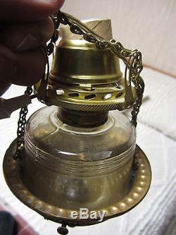 Antique Late 1800's Brass with Cranberry Glass Hanging Oil Lamp Chandelier