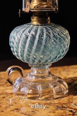 Antique Light Blue Two Tone Opalescent Glass Finger Oil Lamp. Approx 13 1/2