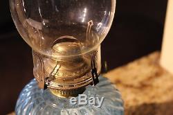 Antique Light Blue Two Tone Opalescent Glass Finger Oil Lamp. Approx 13 1/2
