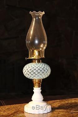 Antique Light Blue Two Tone Opalescent Glass Oil Lamp. Approx 19