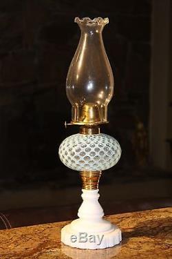 Antique Light Blue Two Tone Opalescent Glass Oil Lamp. Approx 19