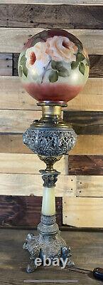 Antique MILLER Banquet Oil Kerosene Lamp Ornate Embossed Brass Converted RARE