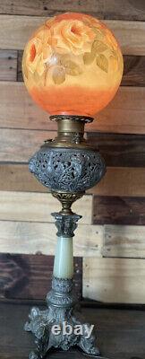 Antique MILLER Banquet Oil Kerosene Lamp Ornate Embossed Brass Converted RARE