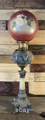 Antique MILLER Banquet Oil Kerosene Lamp Ornate Embossed Brass Converted RARE