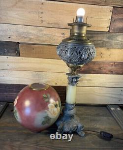 Antique MILLER Banquet Oil Kerosene Lamp Ornate Embossed Brass Converted RARE