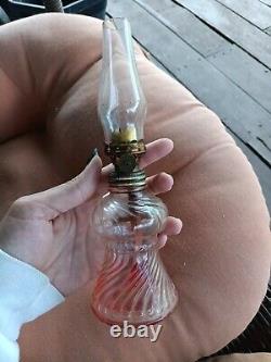 Antique MINIATURE KEROSENE/OIL LAMP-Clear Glass-Panels withBeaded Swag-6 3/4