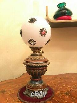 Antique Majolica Kerosene Oil Lamp Antique Globe Glass Shade w. Crystal pendants