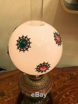 Antique Majolica Kerosene Oil Lamp Antique Globe Glass Shade w. Crystal pendants