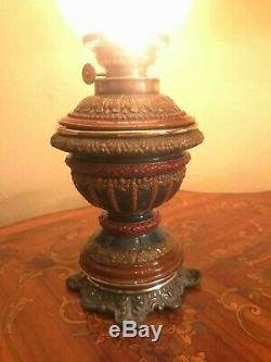 Antique Majolica Kerosene Oil Lamp Beautiful Glass Shade