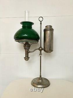 Antique Manhattan Brass Co Nickel OIL Student Lamp 1879 With Cased Green Shade