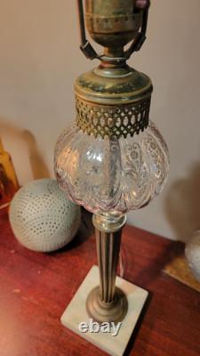 Antique Marble Base Victorian Glass Embossed Oil Lamp 1920's Brass Empire