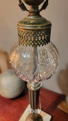 Antique Marble Base Victorian Glass Embossed Oil Lamp 1920's Brass Empire