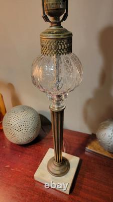 Antique Marble Base Victorian Glass Embossed Oil Lamp 1920's Brass Empire