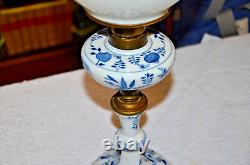 Antique Meissen Blue & White Crossed Swords Porcelain electrified Oil Lamp