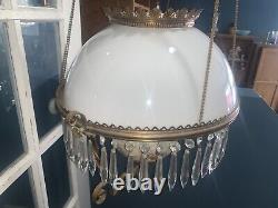Antique Milk Glass & Brass Victorian Hanging Oil Lamp Spiderweb & Bee UNMODIFIED