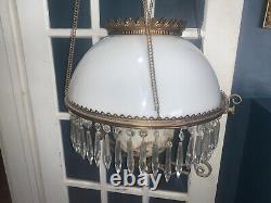 Antique Milk Glass & Brass Victorian Hanging Oil Lamp Spiderweb & Bee UNMODIFIED