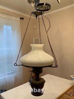 Antique Milk Glass brass Victorian Hanging Oil Lamp swag double shade
