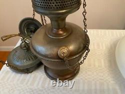 Antique Milk Glass brass Victorian Hanging Oil Lamp swag double shade