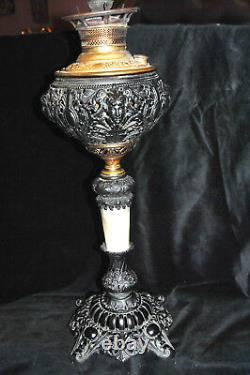 Antique Miller Centre Draught Oil Lamp, Embossed Brass & Base Metal, Marble