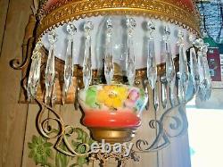 Antique Miller Hanging Oil Lamp Matching Pink Floral Shade And Font