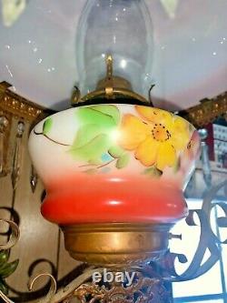 Antique Miller Hanging Oil Lamp Matching Pink Floral Shade And Font