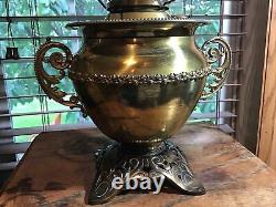 Antique Miller Juno brass trophy pedestal oil lamp with hand painted shade