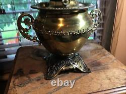 Antique Miller Juno brass trophy pedestal oil lamp with hand painted shade