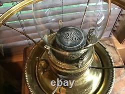 Antique Miller Juno brass trophy pedestal oil lamp with hand painted shade