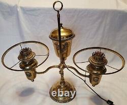 Antique Miller Style Double Brass Oil Student Lamp Rare Cornucopia Motifs