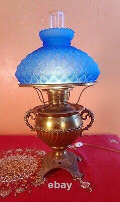 Antique Miller/The Juno Lamp USA Brass & Blue Glass Shade Converted to Electric